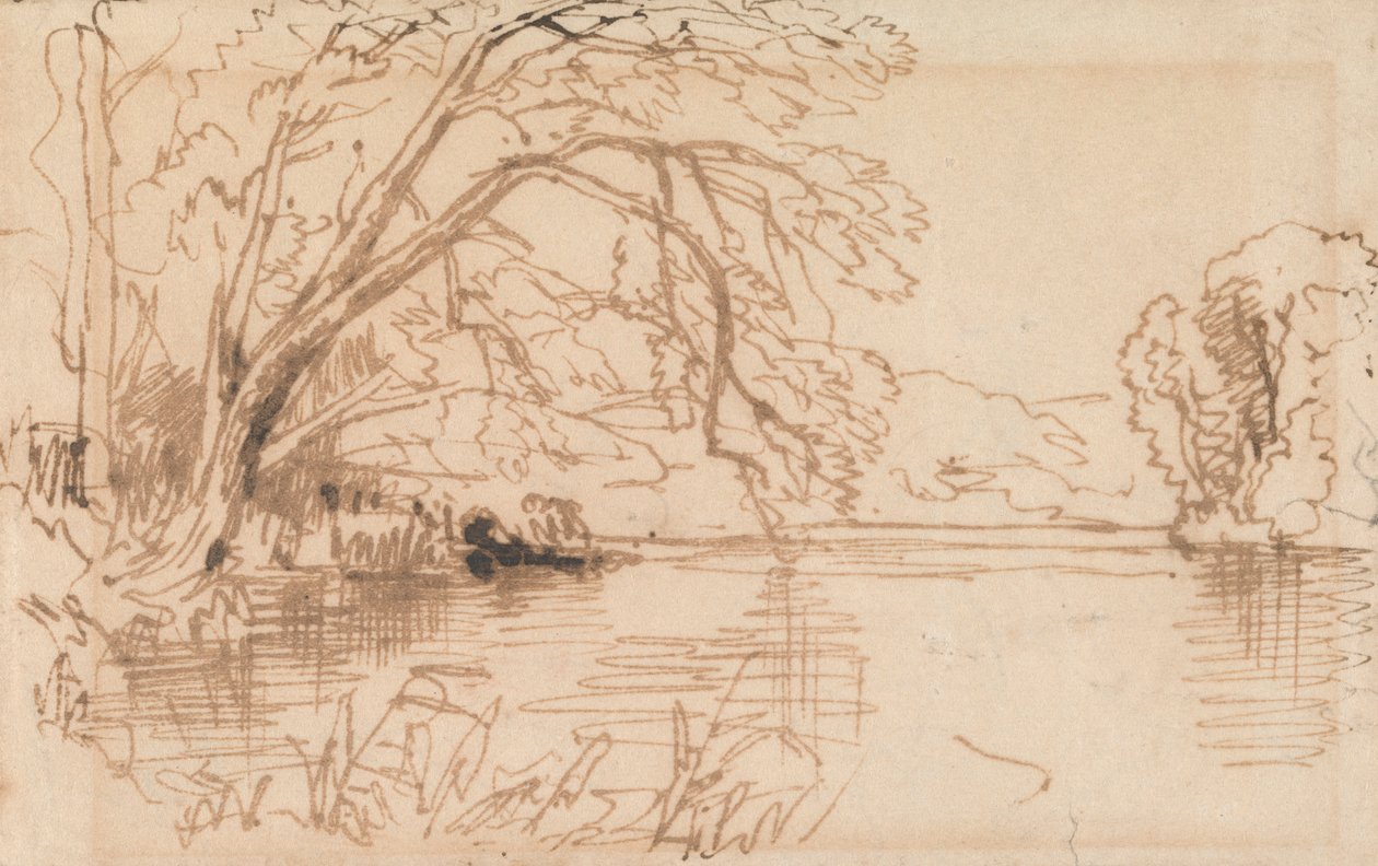 Een boom overhangend een rivier door Thomas Creswick