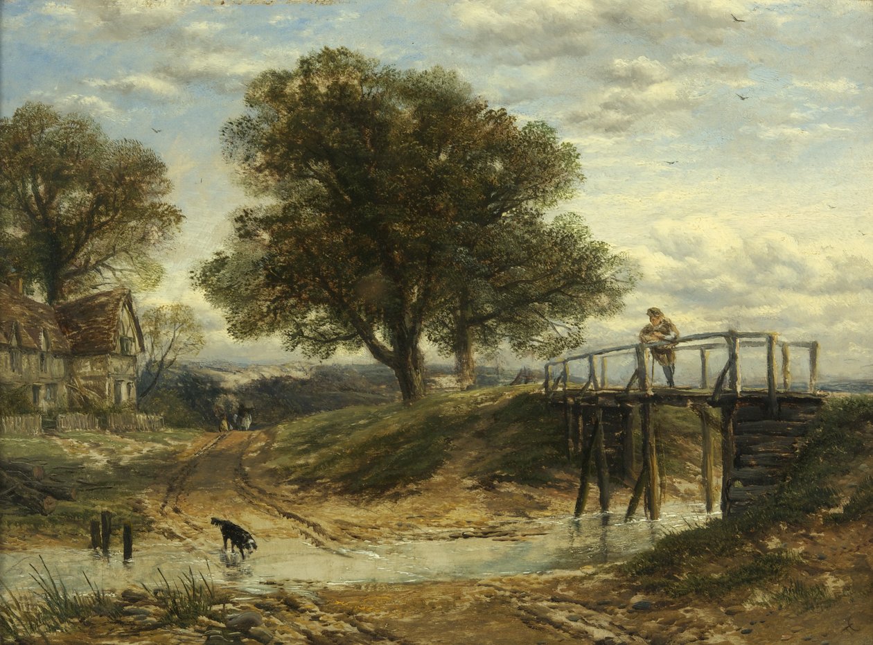 Landschap met stroom, brug en huisje door Thomas Creswick