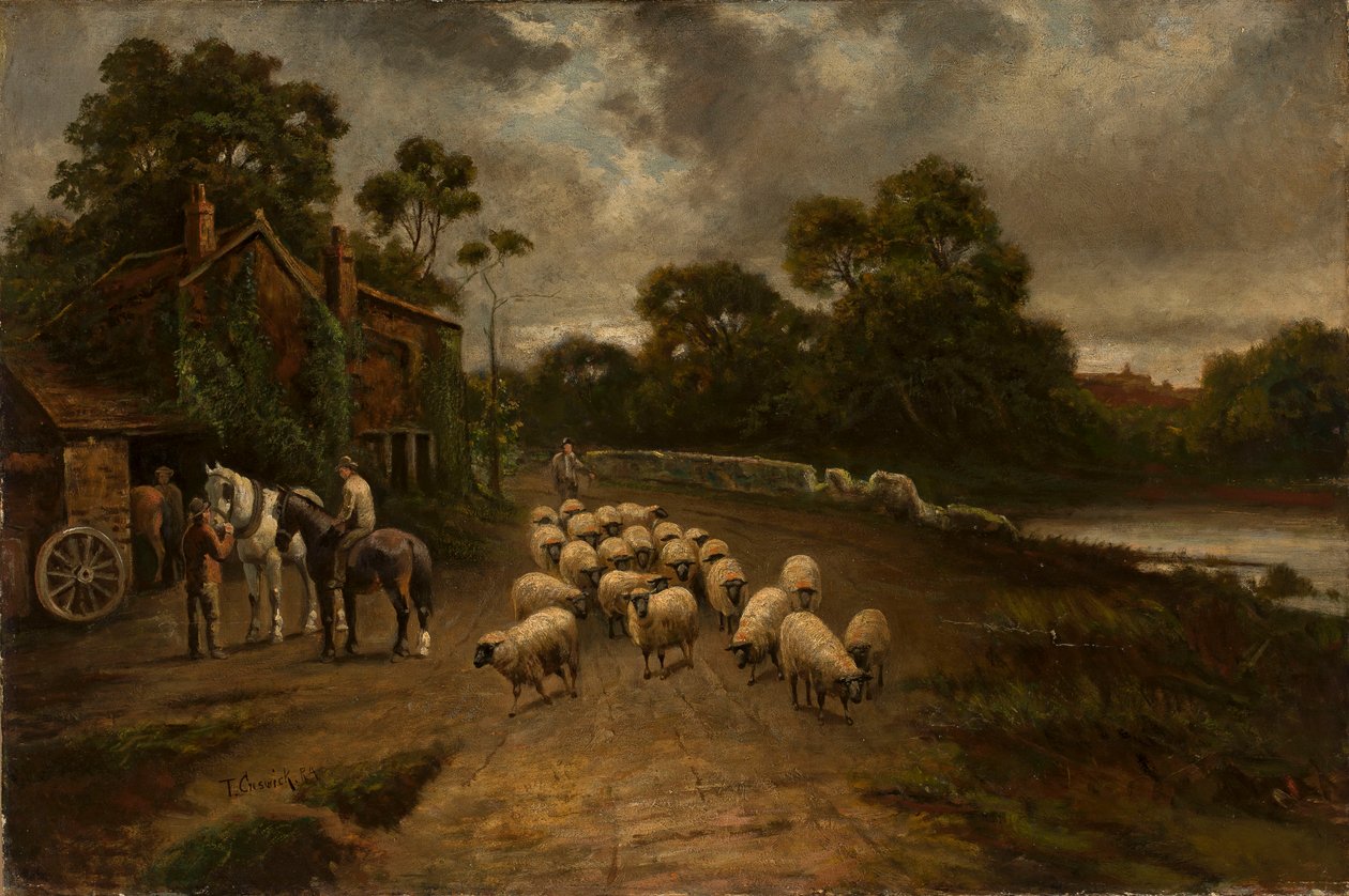 Genrescène met een kudde schapen door Thomas Creswick