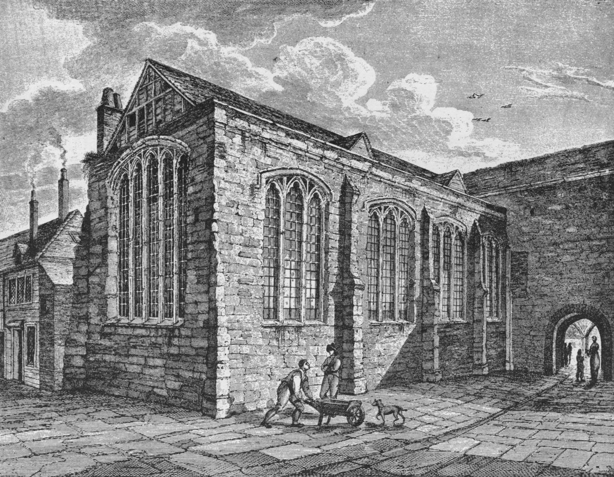 Noordoostelijk uitzicht op de Kapel van de Heilige Drie-eenheid, Leadenhall, Londen, ca. 1825 door Thomas Dale