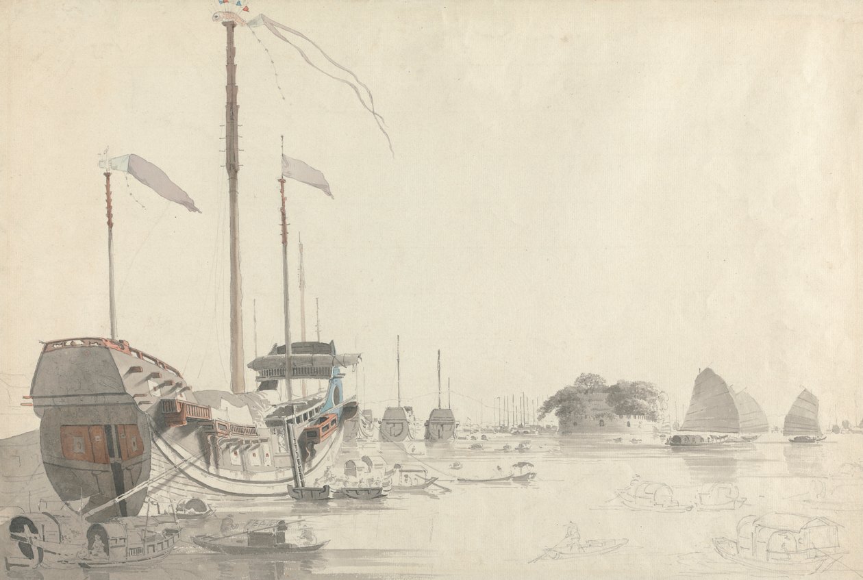Boten bij een Nederlandse Folly Fort, Canton door Thomas Daniell