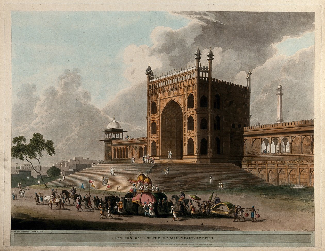 Oostelijke poort van de Jummah Musjid in Delhi door Thomas Daniell