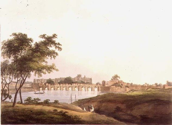 De brug bij Juonpore, Bengalen, gegraveerd door H. Merke, uitgegeven door Edward Orme 1804 door Thomas Daniell