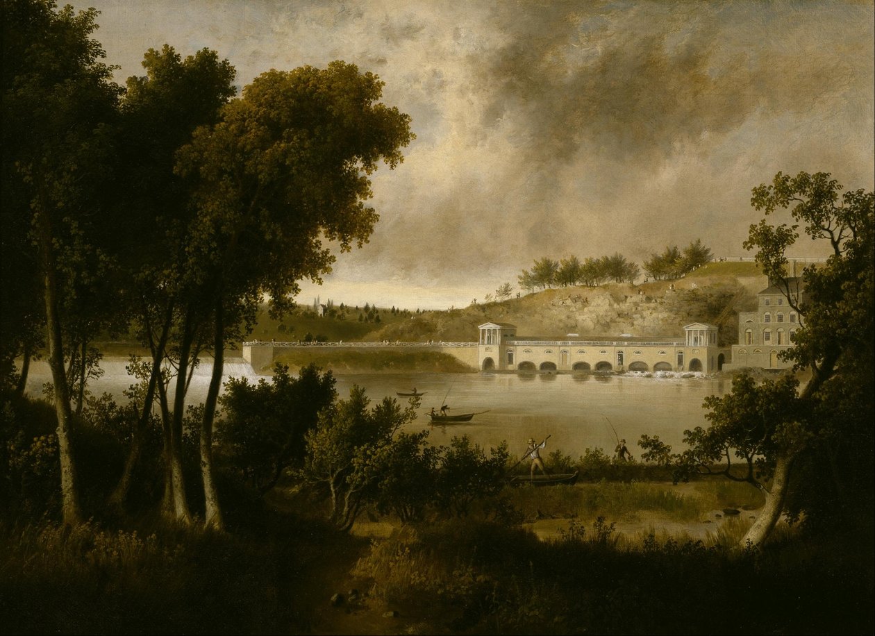 Gezicht op de Fairmount Waterworks, Philadelphia, vanaf de overzijde van de Schuylkill River door Thomas Doughty