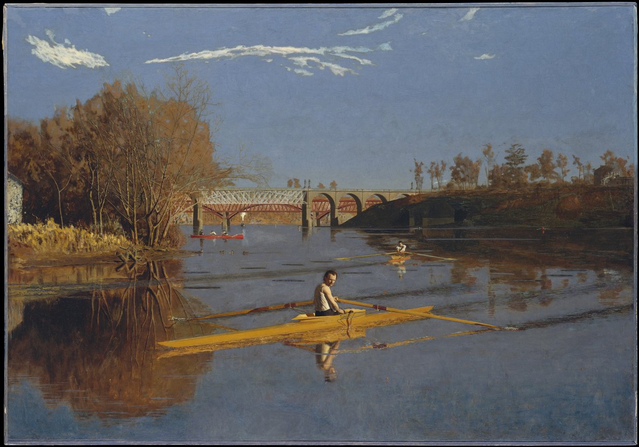 De kampioenschapswedstrijd in de skiff (Max Schmitt in een skiff) door Thomas Eakins