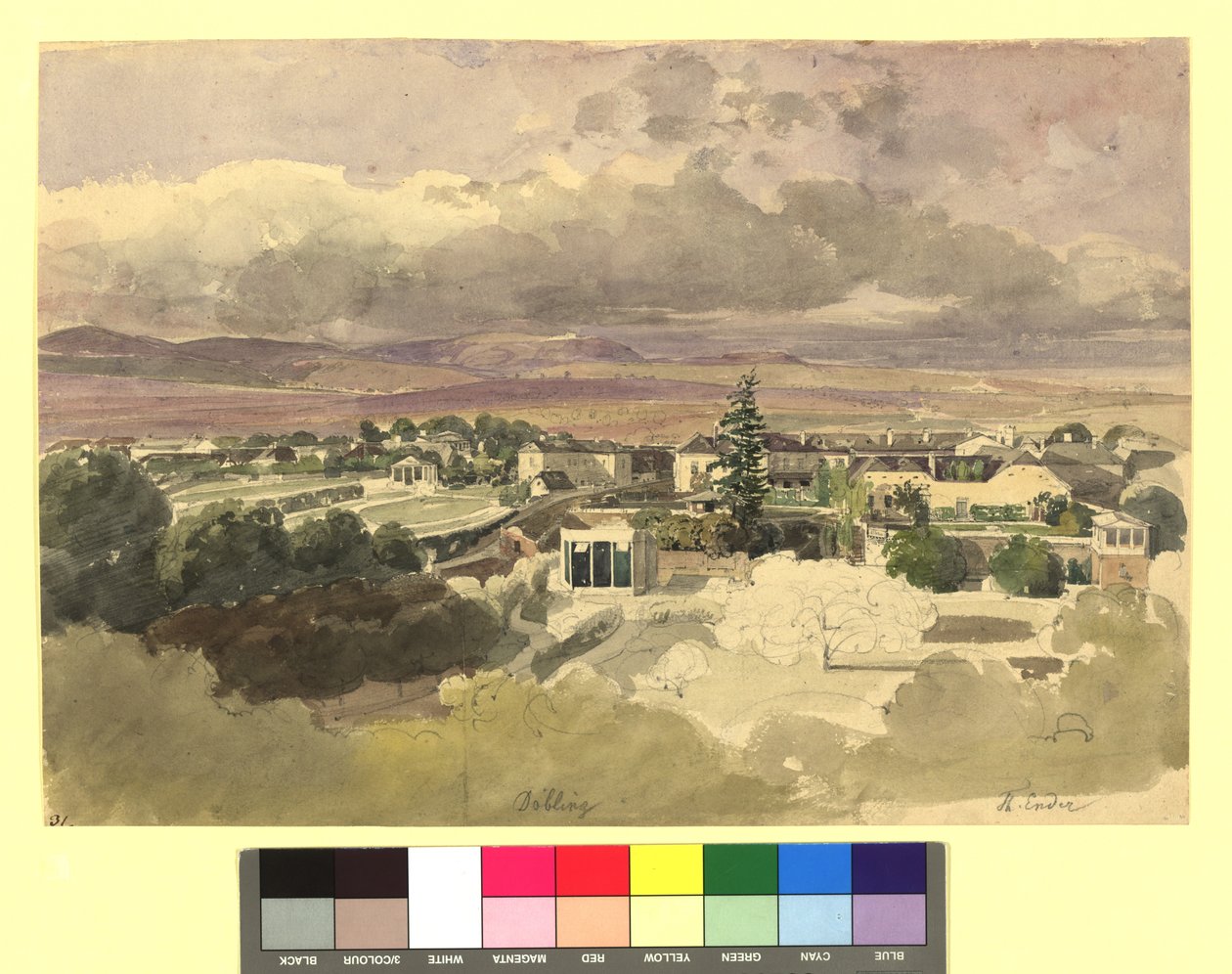 Ansicht von Döbling (?) in Richtung Kahlengebirge, Blick in die Silbergasse door Thomas Ender