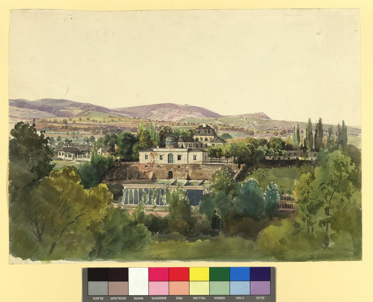 Uitzicht vanaf Döbling op het Kahlengebirge en de villa van baron Johann von Lang (Nußwaldgasse 19 respectievelijk 22) door Thomas Ender