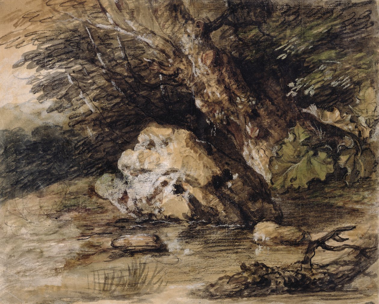 Heuvelachtig landschap met figuren die een brug naderen, c.1763 door Thomas Gainsborough