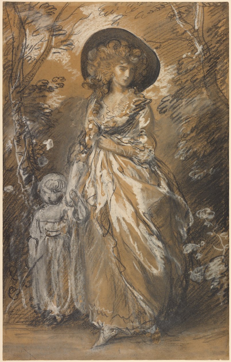 Een dame die met een kind door een tuin wandelt door Thomas Gainsborough