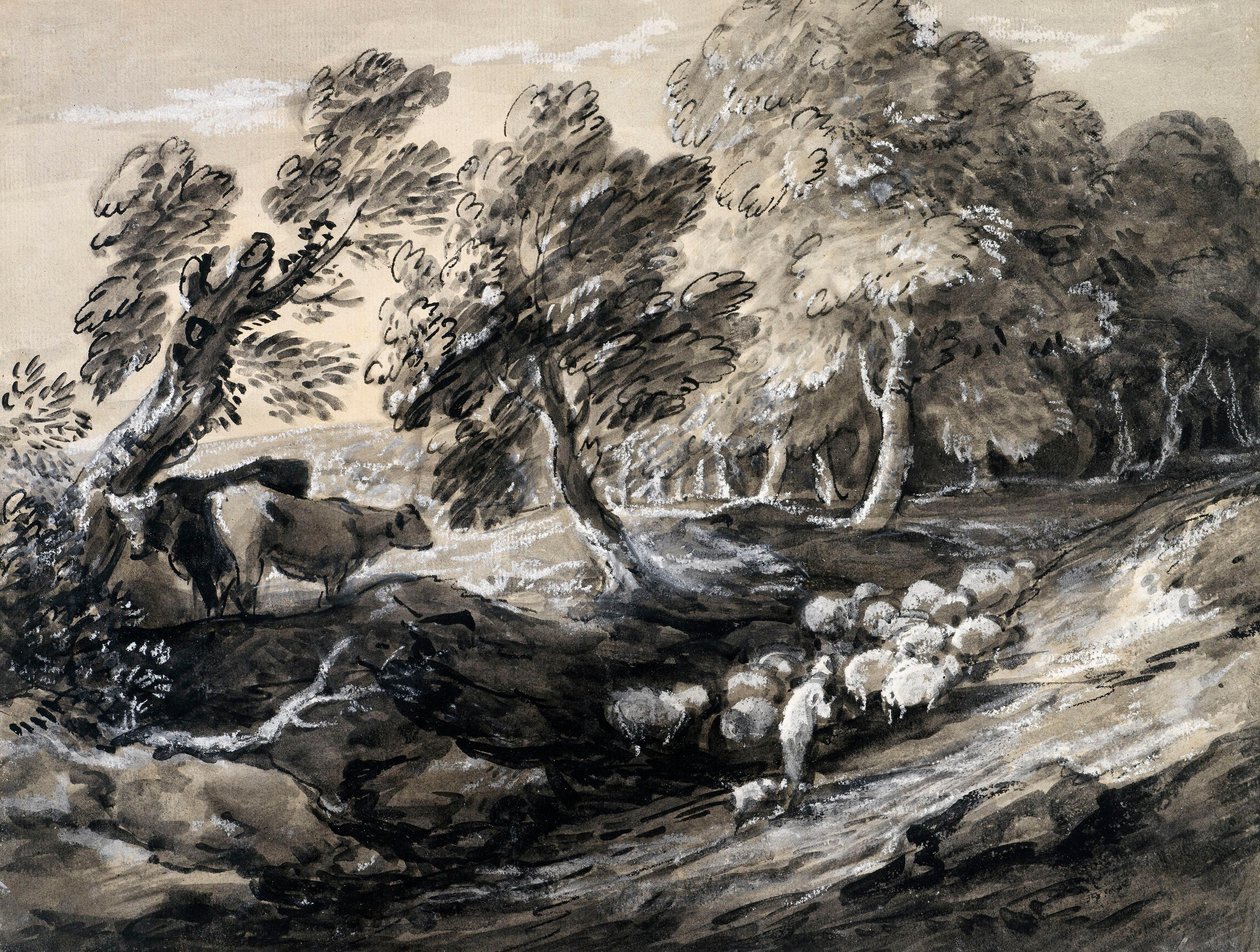 Een herder die een kudde schapen door een bos drijft door Thomas Gainsborough