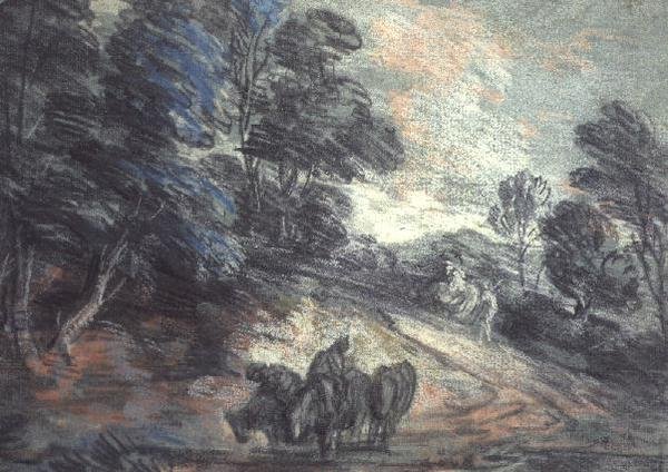 Een Bebost Landschap met Drinkende Paarden door Thomas Gainsborough