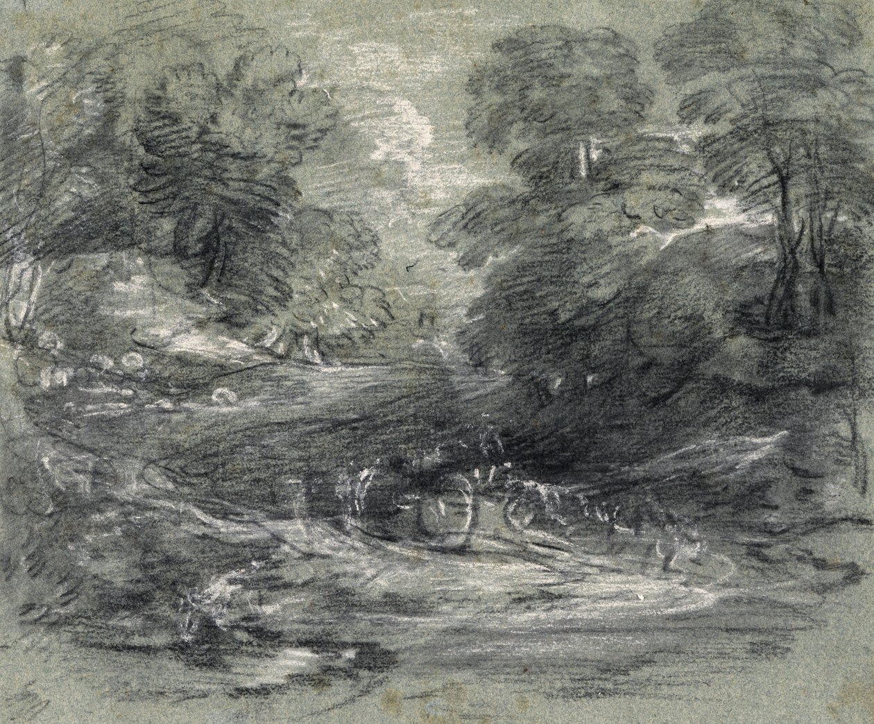 Landschap met boerderijkar op een kronkelend pad tussen bomen door Thomas Gainsborough