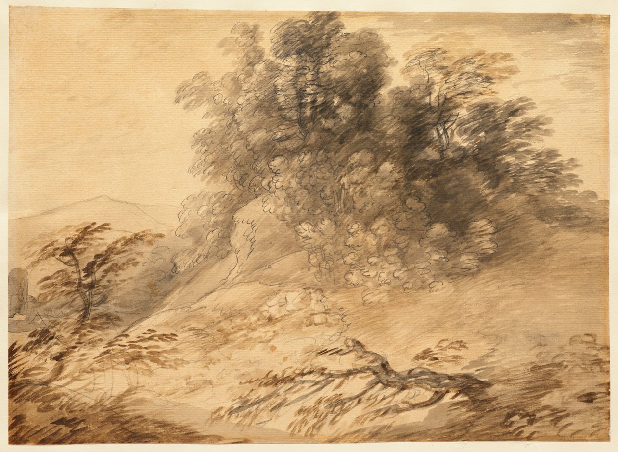 Landschaft mit einer Baumgruppe auf einem Hügel door Thomas Gainsborough