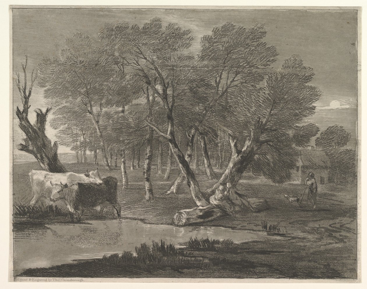 Boslandschap met koeien bij een vijver, figuren en een huisje door Thomas Gainsborough