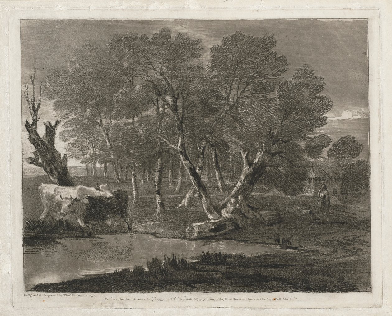 Boslandschap met koeien bij een vijver, figuren en huisje, gepubliceerd in 1797 door Thomas Gainsborough