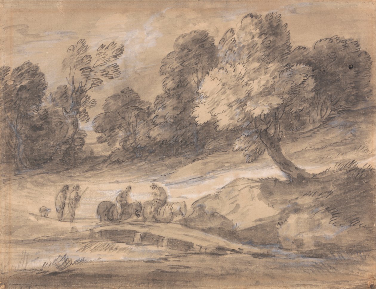 Boslandschap met ruiters die een brug oversteken door Thomas Gainsborough