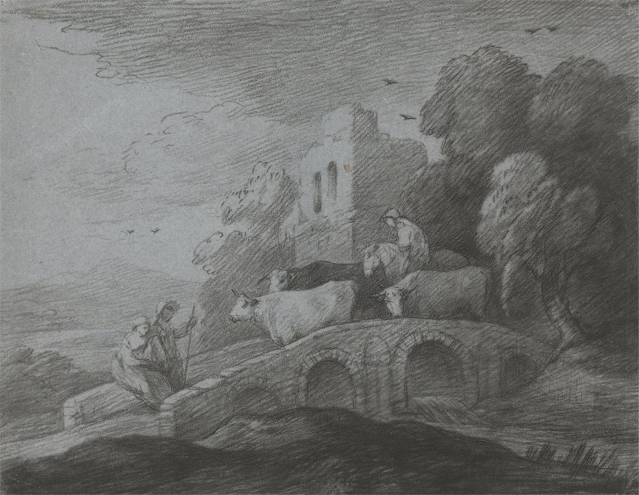 Bosrijk Landschap met Herder die Vee over een Brug Drijft, Rustieke Geliefden en Vernietigd Kasteel door Thomas Gainsborough