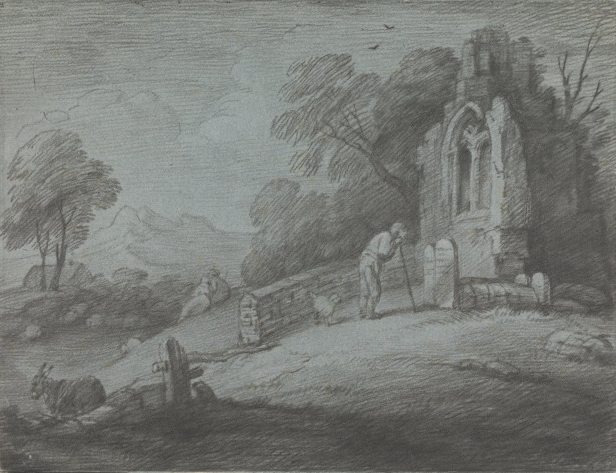 Bosrijk Landschap met Boer die Grafsteen Leest, Rustieke Geliefden en Verwoeste Kerk door Thomas Gainsborough
