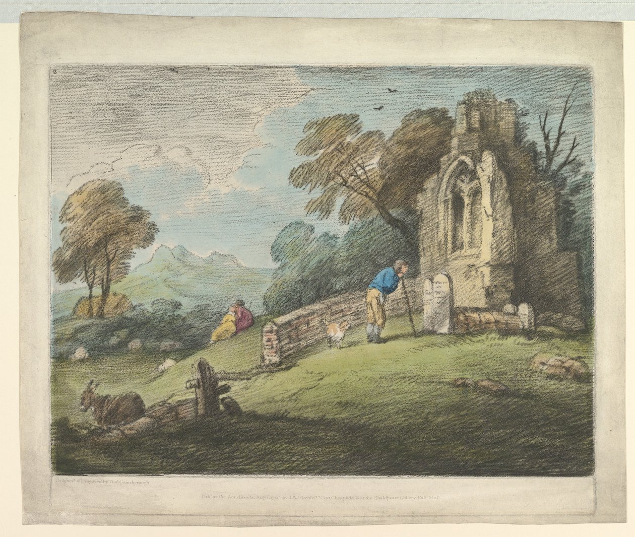 Boslandschap met boer die grafsteen leest, rustieke geliefden en vervallen kerk door Thomas Gainsborough