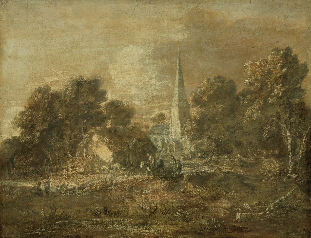 Boslandschap met dorpsscène door Thomas Gainsborough