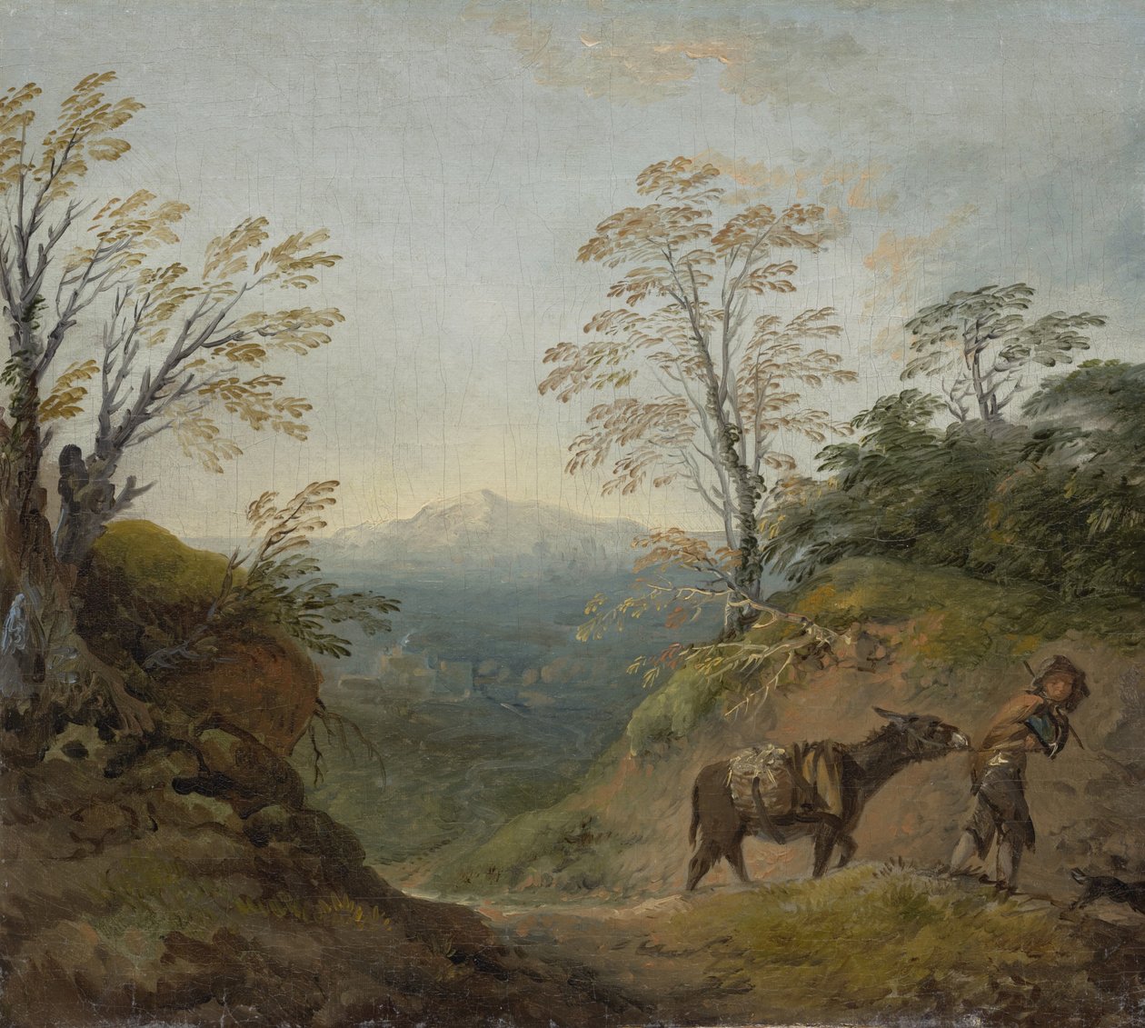 Boslandschap met een jongen die een ezel en een hond leidt, en een uitgestrekt panorama met gebouwen en verre heuvels, vroege jaren 1760 door Thomas Gainsborough
