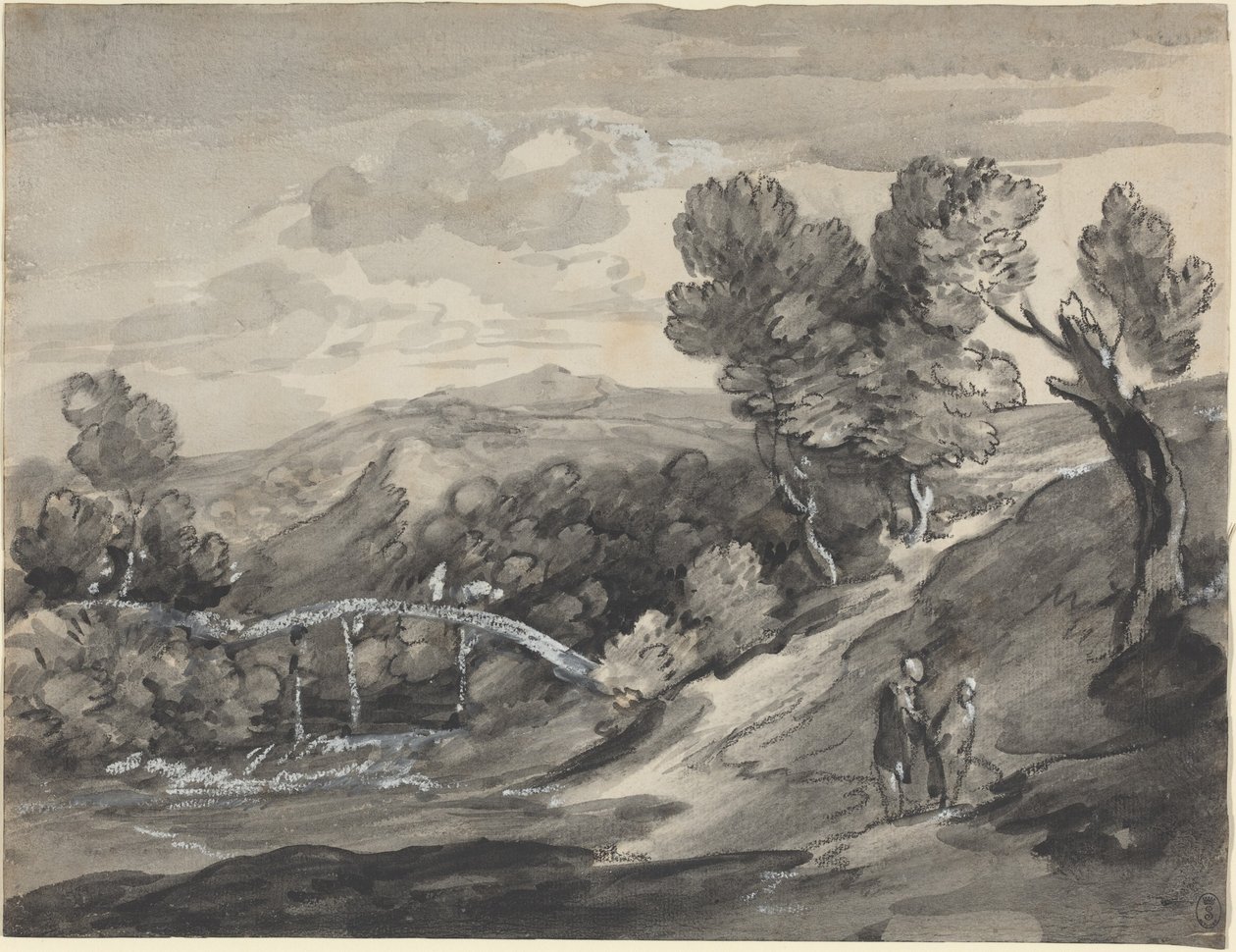Bosrijk heuvellandschap met een brug door Thomas Gainsborough