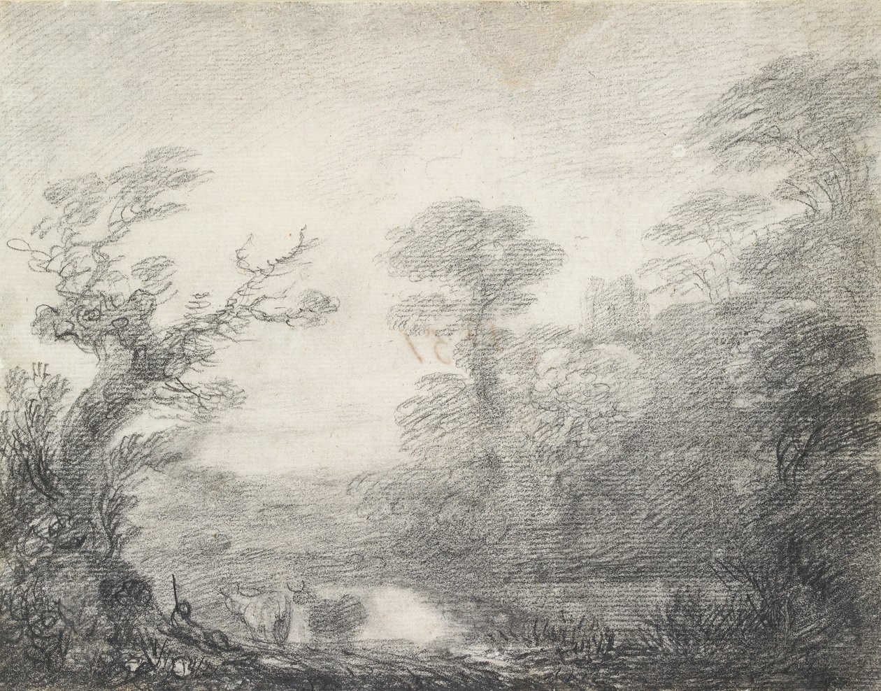 Boslandschap met herder, koeien en kerktoren door Thomas Gainsborough