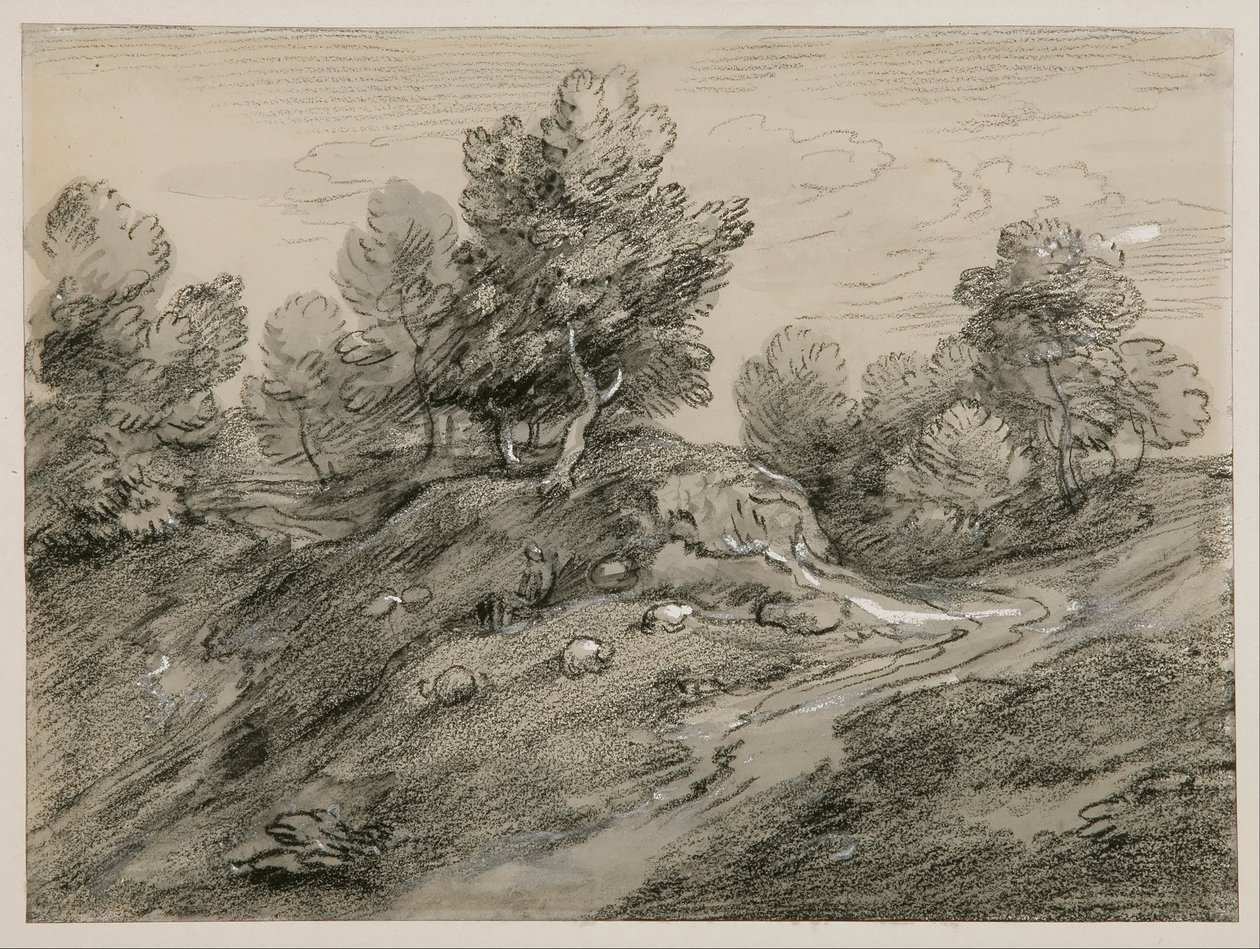 Bebost heuvellandschap met herder, schapen en landweg die rond een heuvel slingert door Thomas Gainsborough