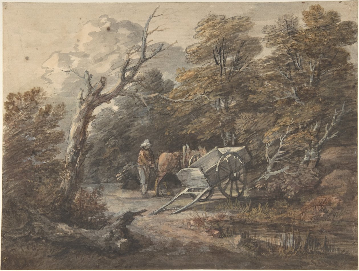 Boslandschap met een boer, een paard en een kar door Thomas Gainsborough