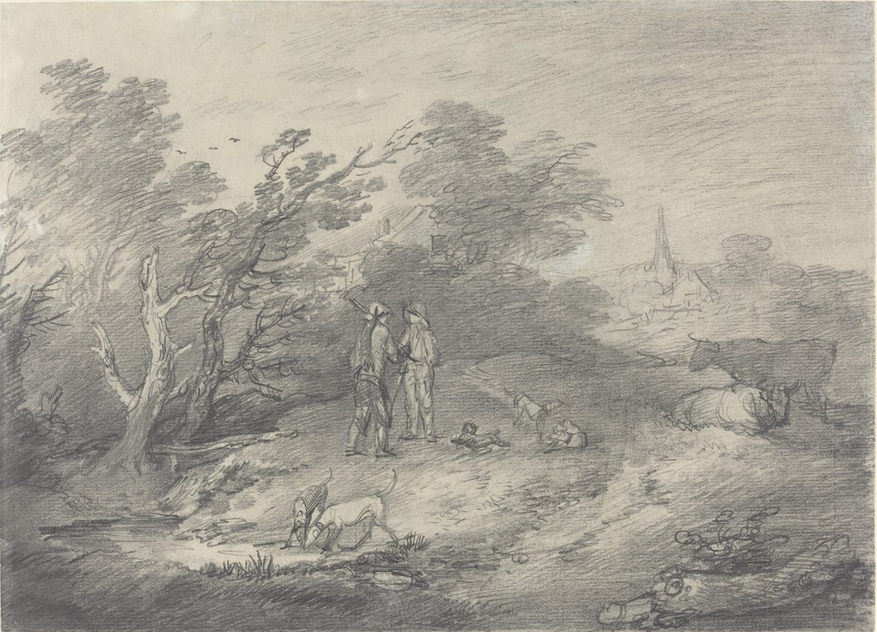Bossen bij een dorp met konijnenvangers en hun windhonden door Thomas Gainsborough