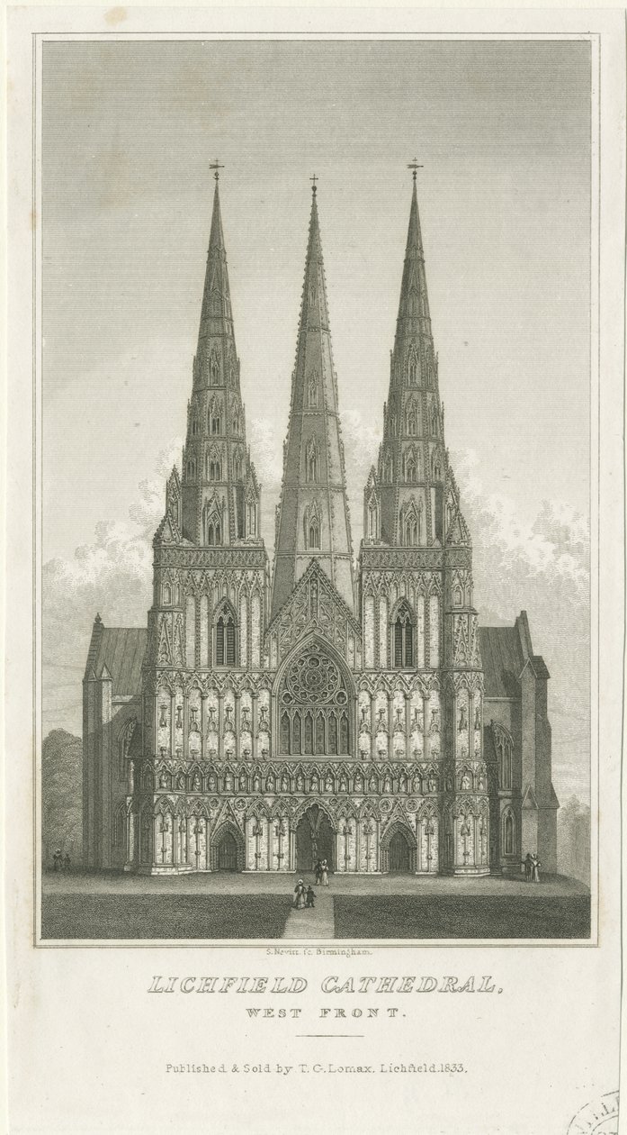 Lichfield Kathedraal - Westgevel (gravure, ca. 1833) door Thomas George Lomax
