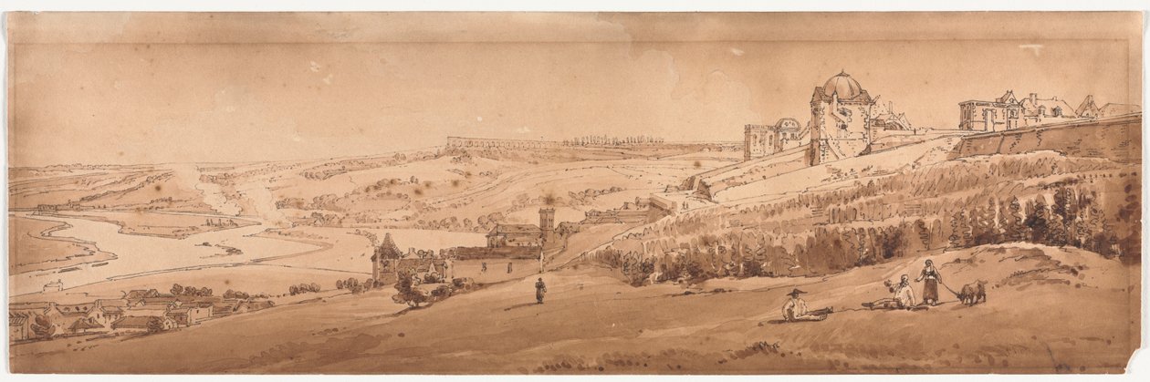 Een selectie van twintig van de meest pittoreske uitzichten in Parijs: Uitzicht vanaf het paleisterras in St. Germain-en-Laye, het aquaduct van Marli in de verte gezien door Thomas Girtin