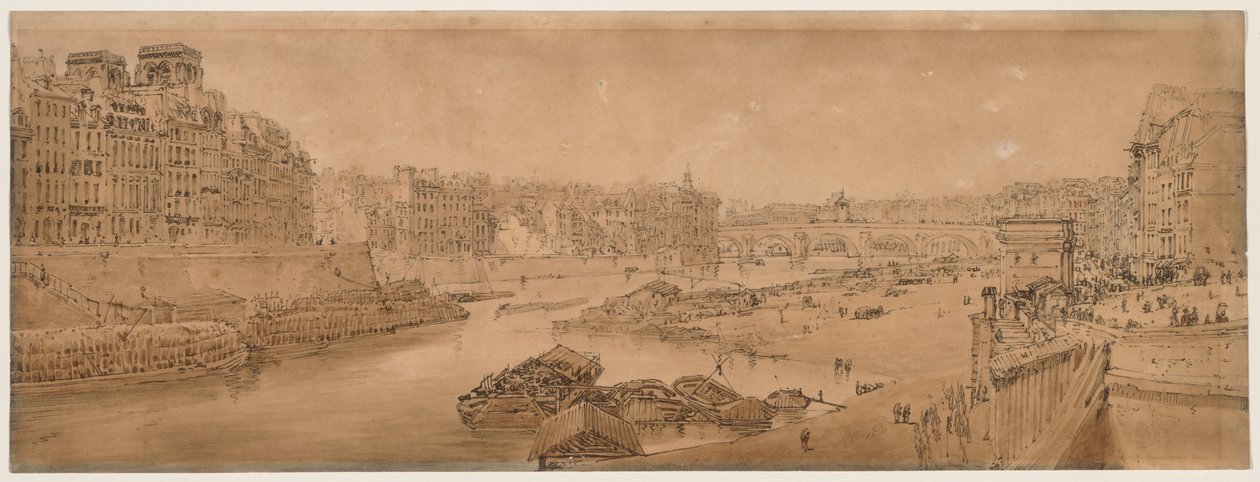 Een selectie van twintig van de meest pittoreske uitzichten in Parijs: Uitzicht op de stad met het Louvre vanaf de Pont Marie door Thomas Girtin