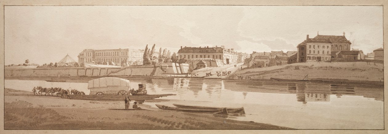 Een selectie van twintig van de meest schilderachtige uitzichten in Parijs: Uitzicht op het paleis en het dorp Choisi aan de oevers van de Seine door Thomas Girtin