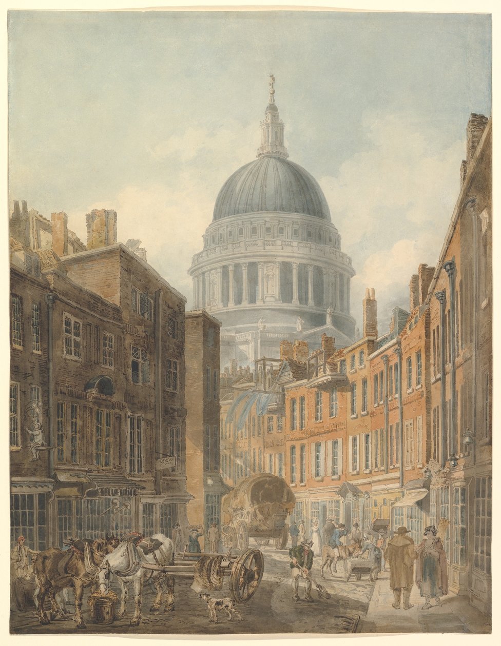 De St. Paul’s Cathedral, gezien vanaf St. Martin’s-le-Grand door Thomas Girtin