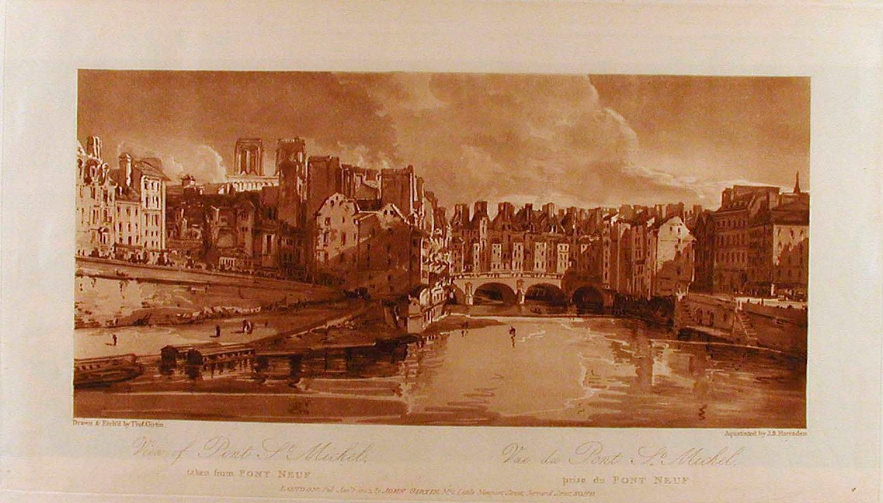 Ansicht der Pont St. Michel vom Pont Neuf aus door Thomas Girtin