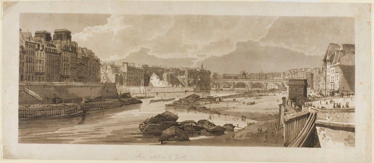 Uitzicht op de stad met het Louvre, enz., genomen vanaf Pont Marie, uit Een selectie van twintig van de meest pittoreske uitzichten in Parijs door Thomas Girtin