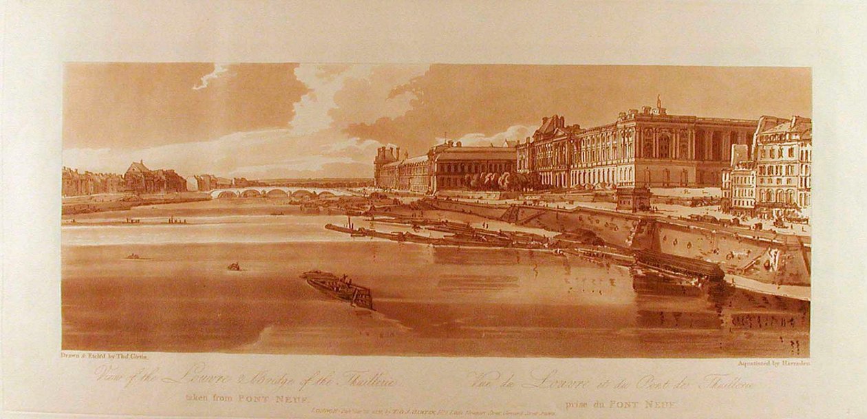 Ansicht des Louvre und der Brücke der Thuilleries vom Pont-Neuf aus door Thomas Girtin
