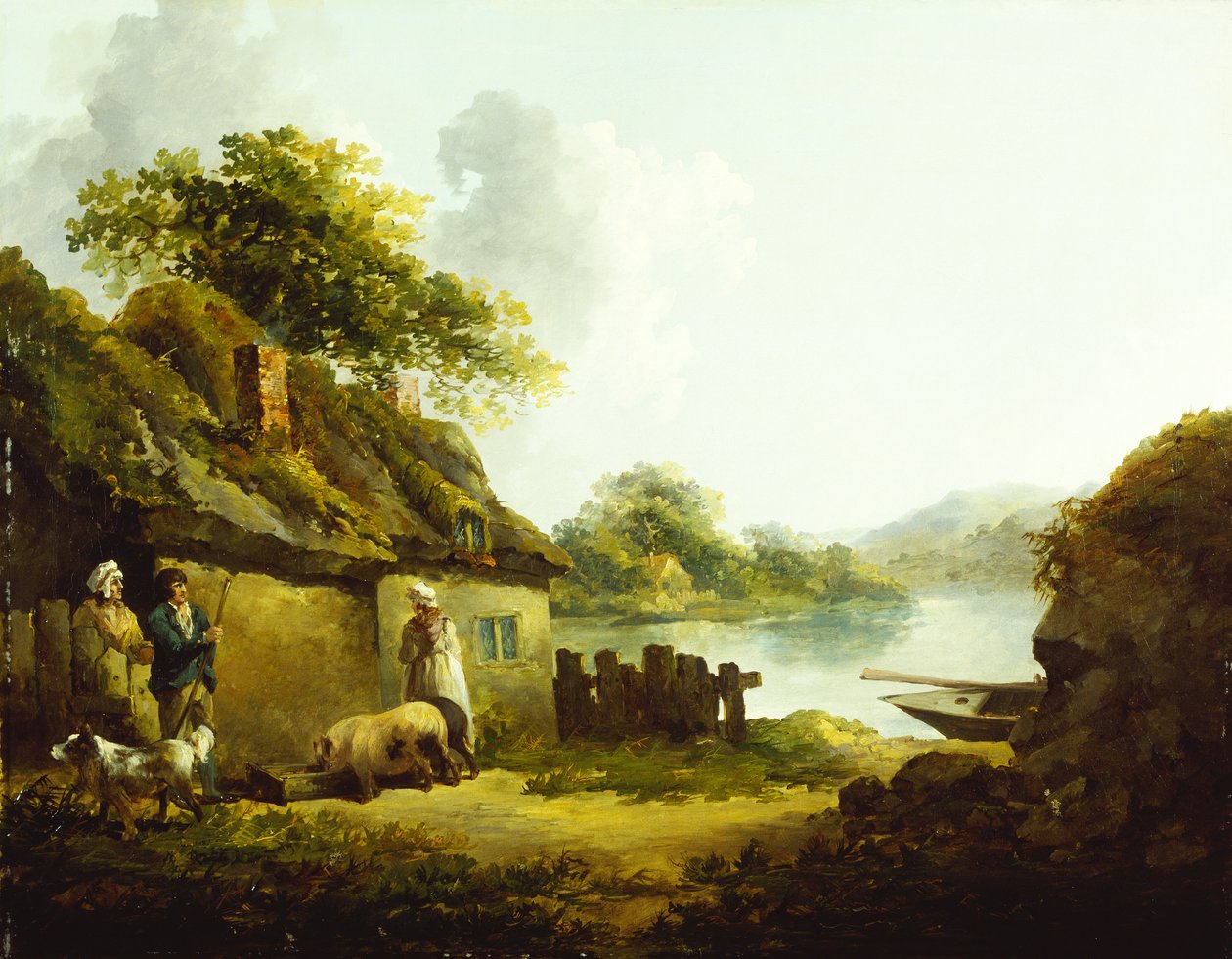 Een zigeunerfamilie buiten een schuur in een landschap door Thomas Hand
