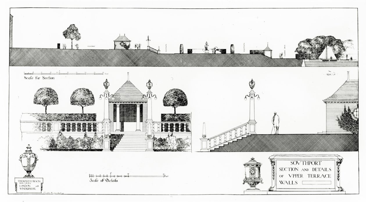 Southport: Sectie en Details van Bovenste Terras en Muren, uit Thomas Mawson