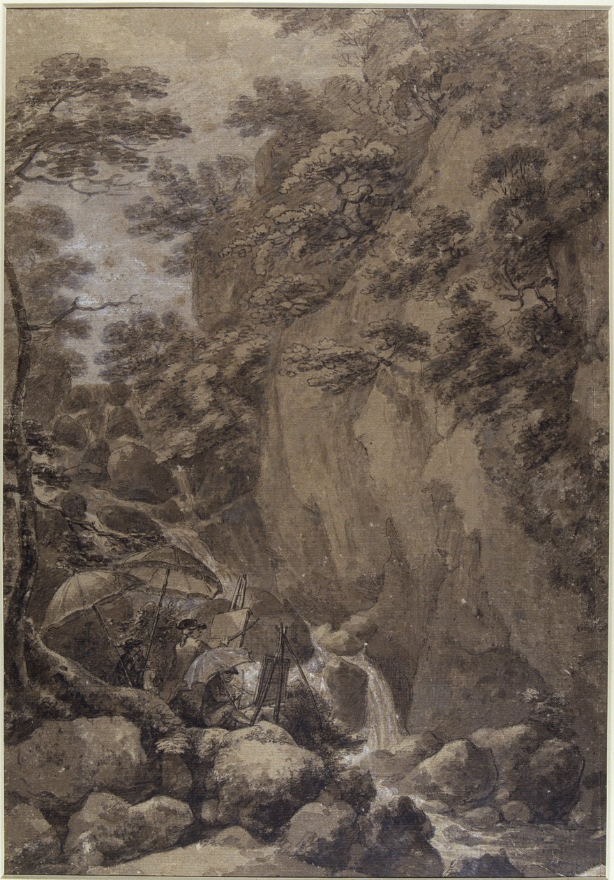 Sir George Beaumont en Joseph Farington schilderen een waterval, 1777 door Thomas Hearne