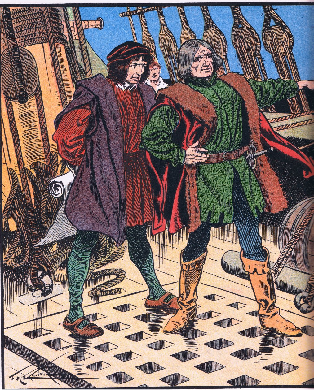 Columbus op zijn reis naar Amerika (kleurenlitho) door Thomas Heath Robinson