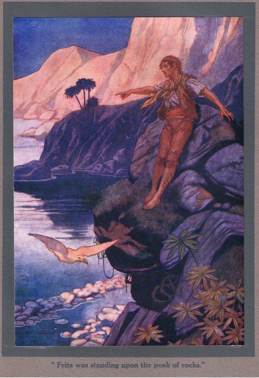 Fritz stond op de top van de rotsen (kleurenlitho) door Thomas Heath Robinson