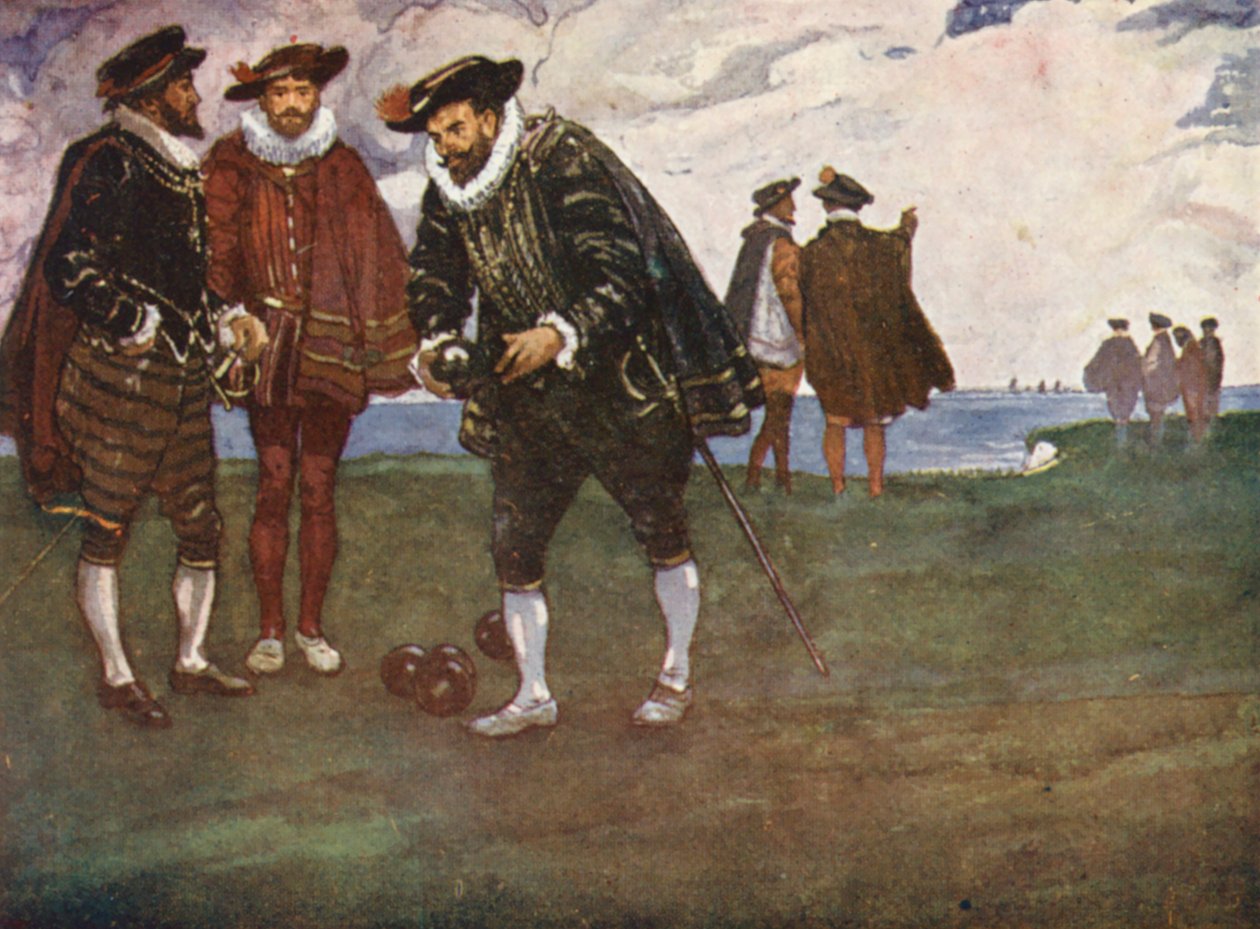 Illustratie voor het leven van Sir Francis Drake (kleurenlitho) door Thomas Heath Robinson