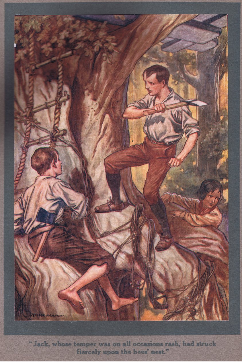 Jack, die altijd opvliegend was, had woest op het bijennest geslagen (kleurenlitho) door Thomas Heath Robinson