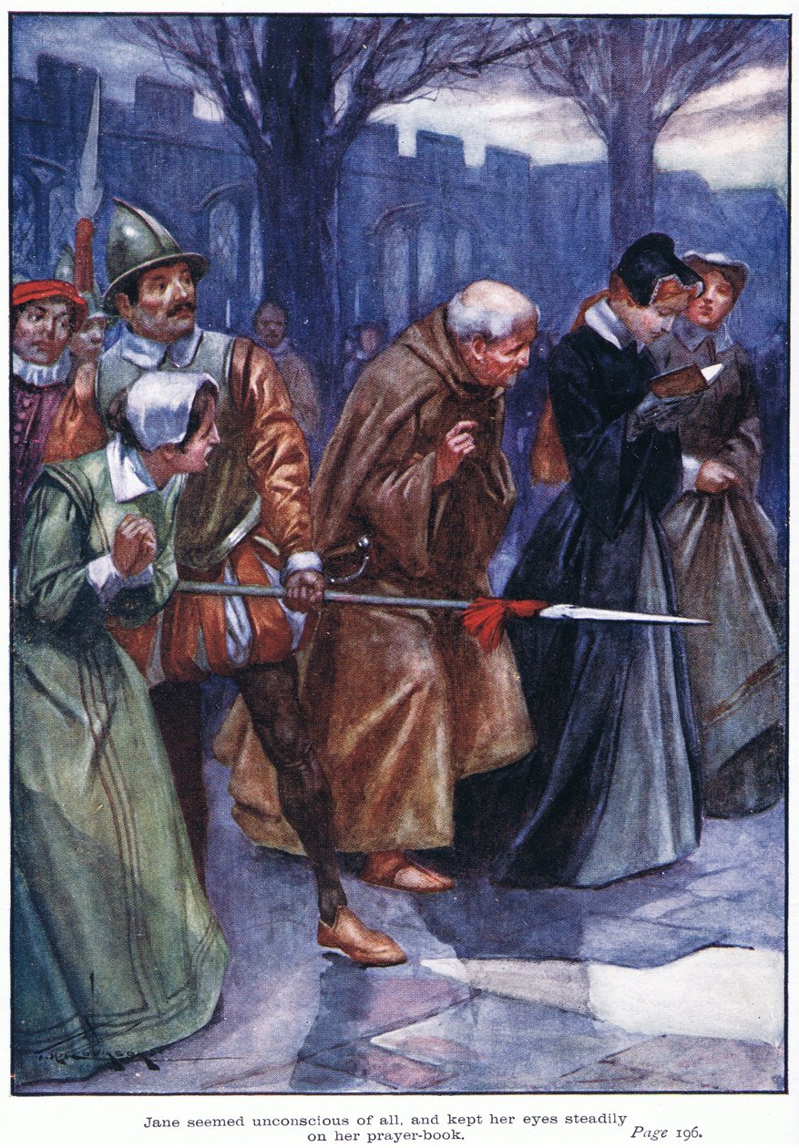 Jane leek zich van niets bewust en hield haar ogen strak op haar gebedenboek gericht (kleurenlitho) door Thomas Heath Robinson
