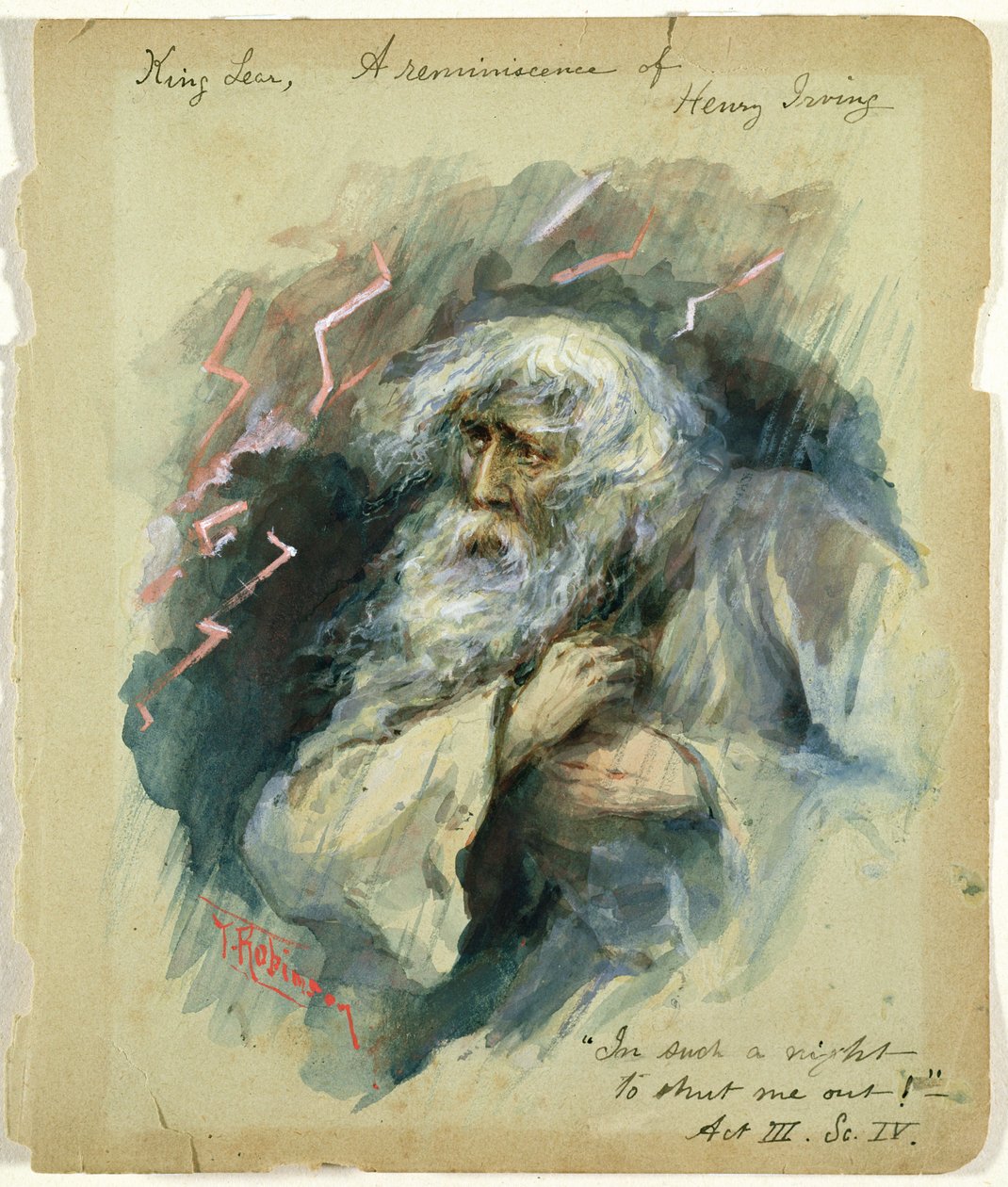 King Lear, een herinnering aan Henry Irving: "In such a night To shut me out!", Act III, Scene 4 (aquarel) 34:King Lear (Act III, Scene 4): "In such a night To shut me out!", een reminiscentie van Henry Irving (aquarel) door Thomas Heath Robinson