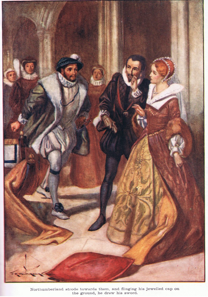Northumberland liep naar hen toe, en terwijl hij zijn met juwelen versierde kap op de grond wierp, trok hij zijn zwaard (kleurenlitho) door Thomas Heath Robinson