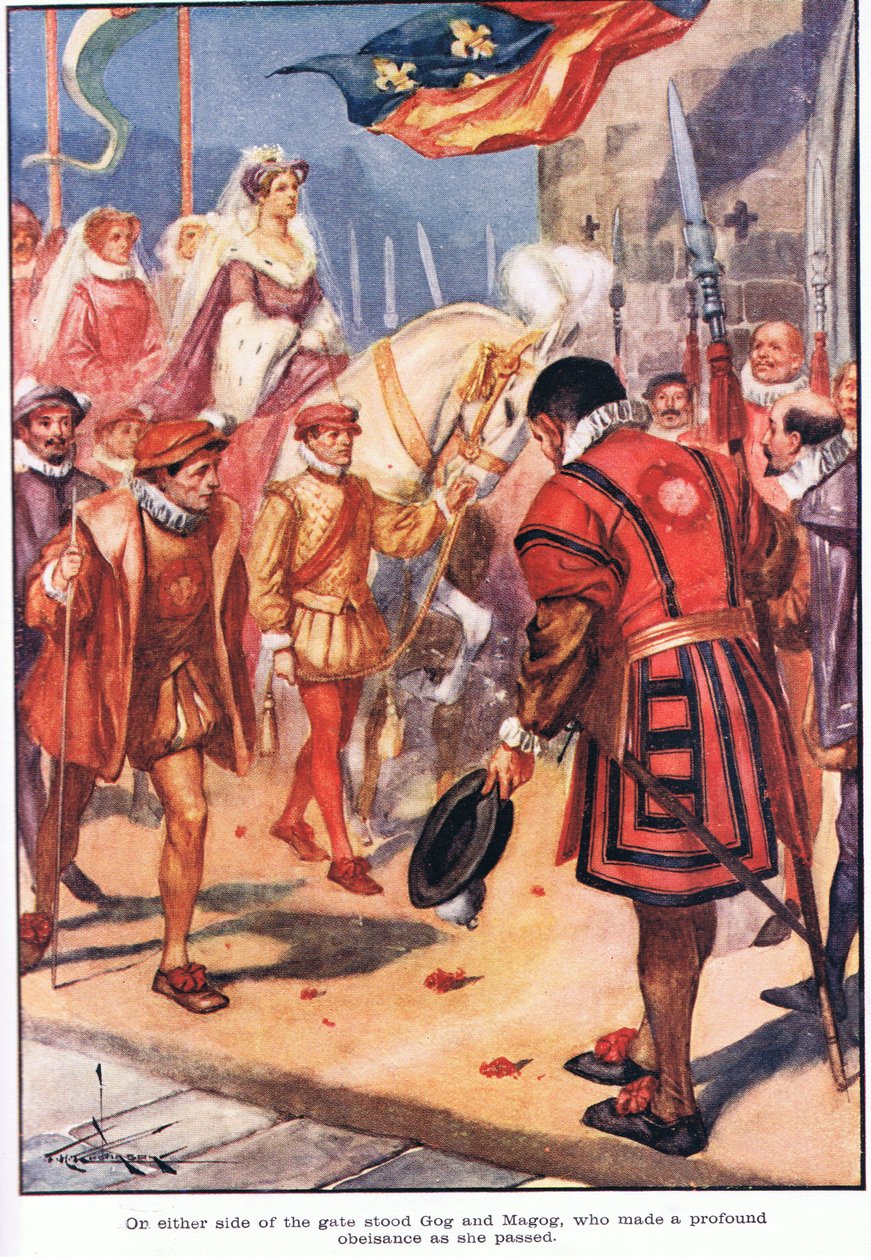 Aan weerszijden van de poort Gog en Magog, die een diepe buiging maakten toen ze passeerde (kleurenlitho) door Thomas Heath Robinson