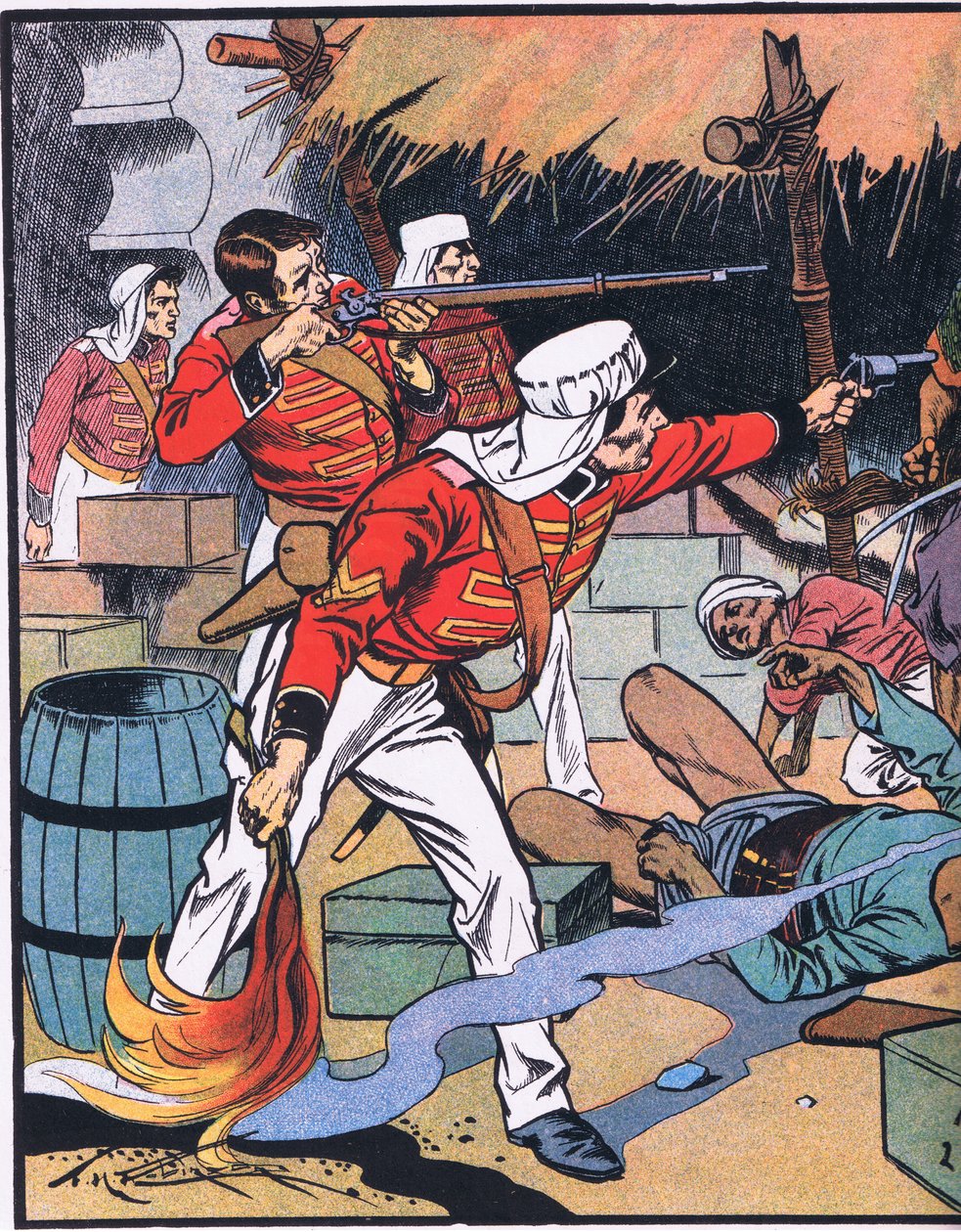De vernietiging van het tijdschrift in Delhi (kleurenlitho) door Thomas Heath Robinson